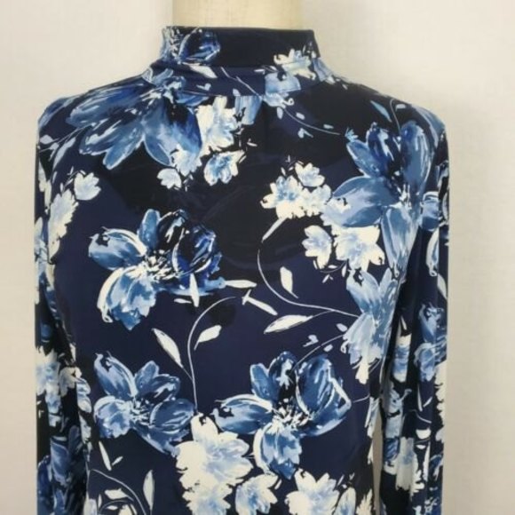 Karl Lagerfeld Paris Womens Floral Mock Turtleneck Blouse Faux Pearl Button S - Picture 2 of 12